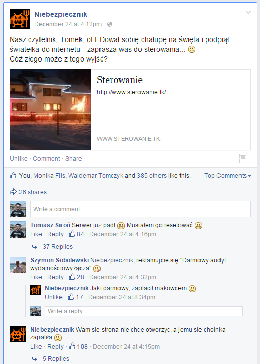 Facebook post published by the Niebezpiecznik.pl